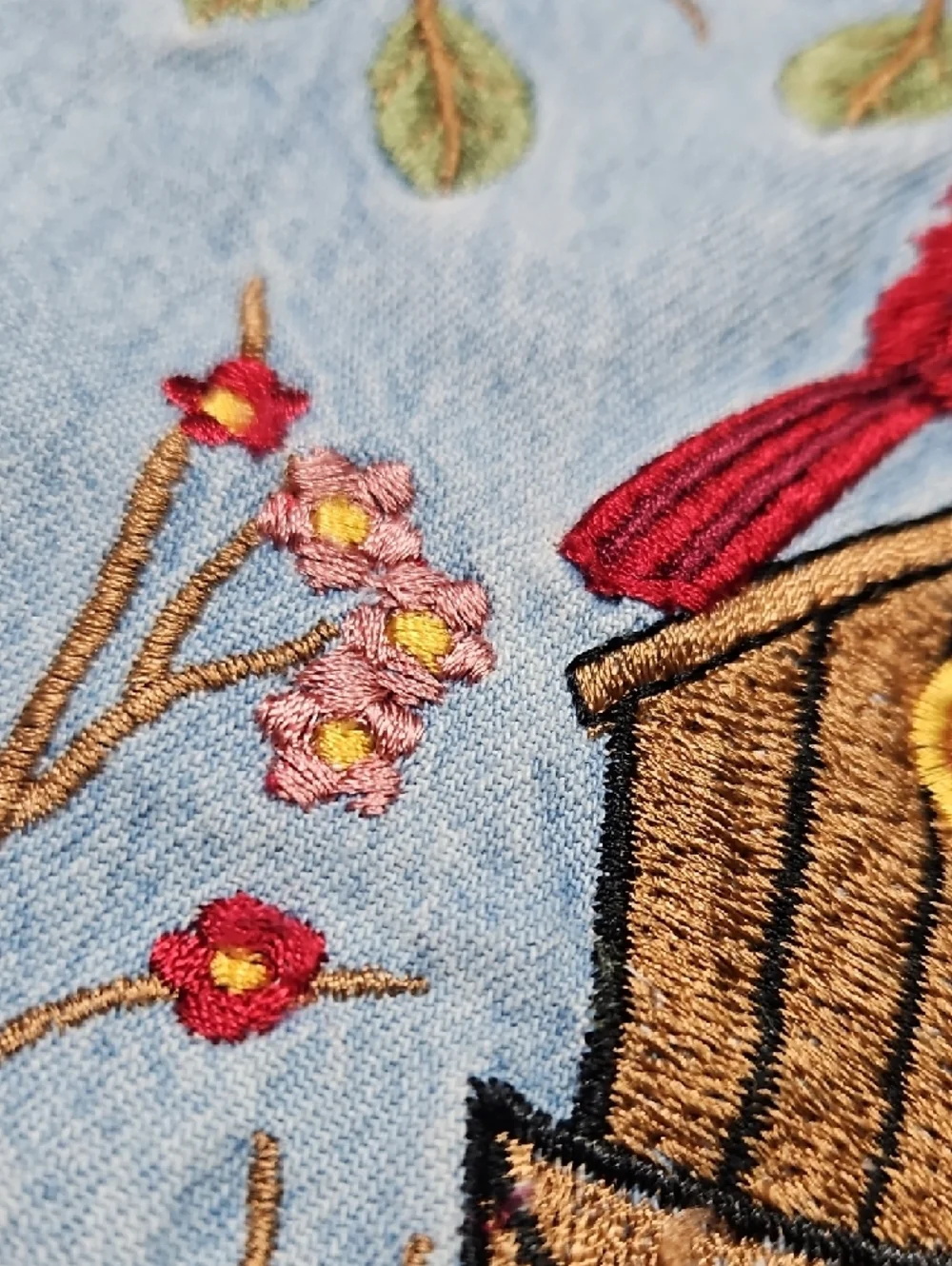 Vintage Light Wash Denim Button-Down Shirt with Cardinal Embroidery, Size Large - Picture 6 of 13